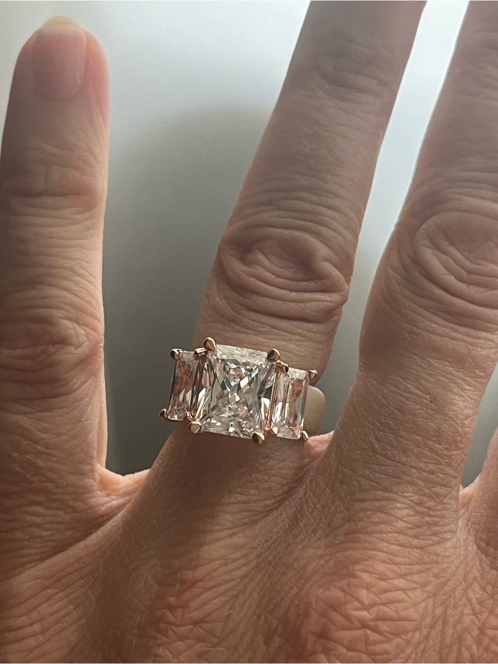 Three-Stone Emerald Cut CZ Crystal Silicone band Ring in Gold / tan size 4 - Picture 10 of 13
